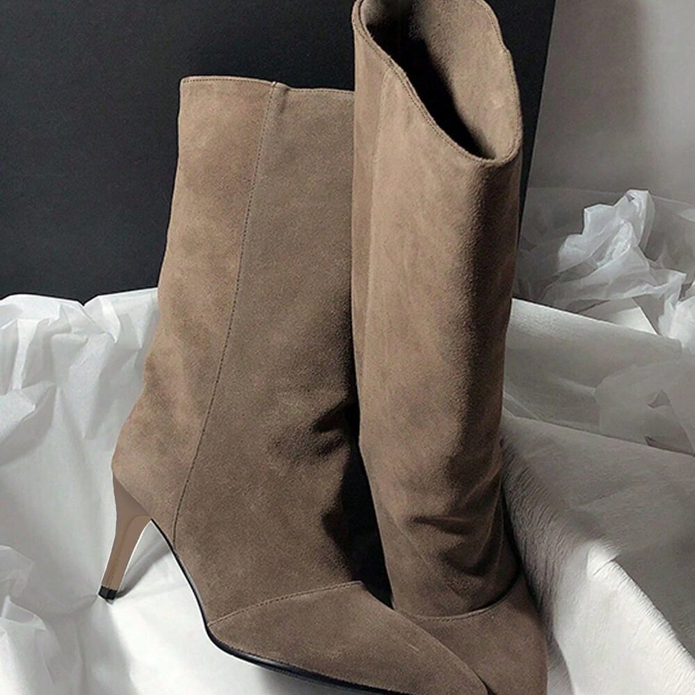 Apricot Western Style Women's High Heel Suede Pointed Toe Boots